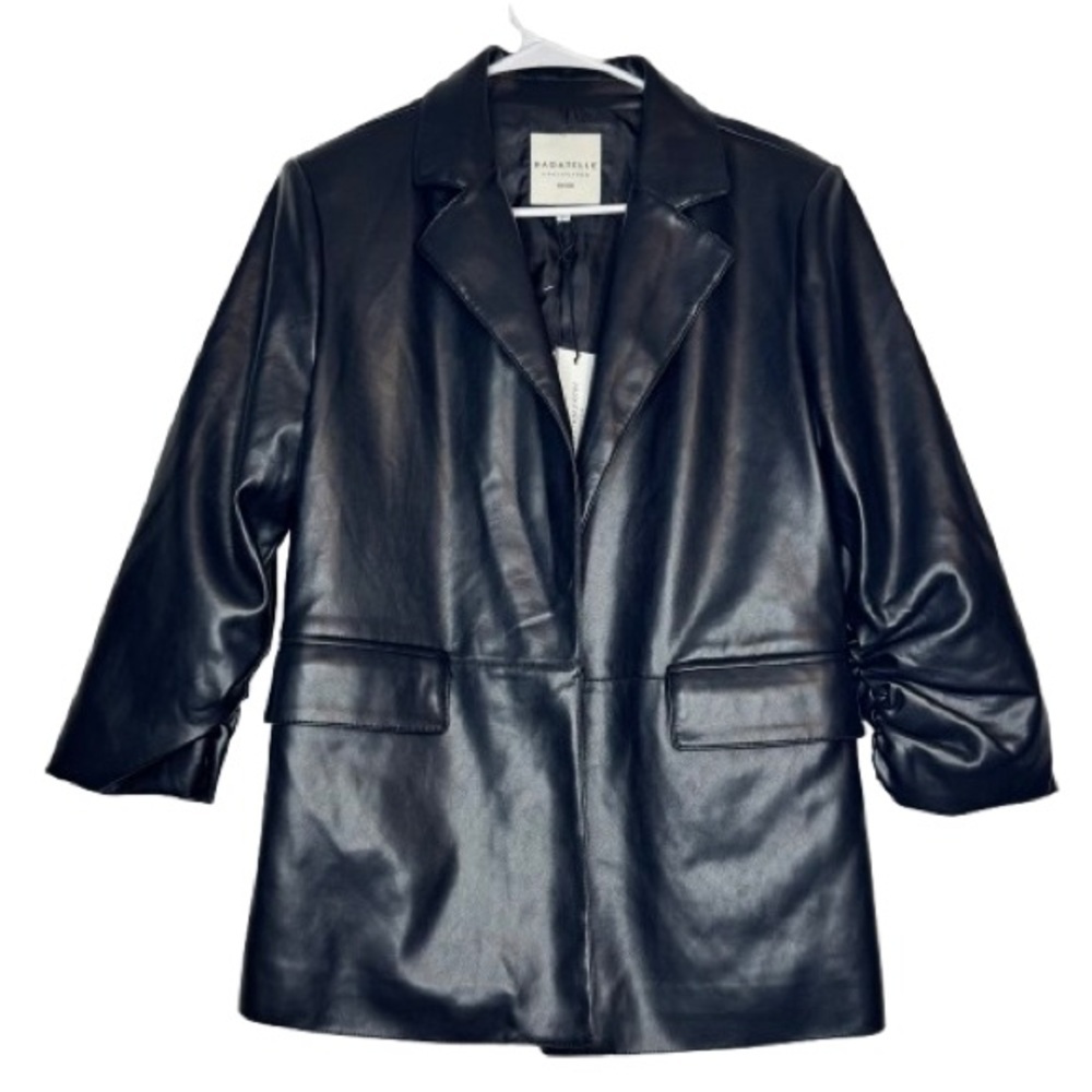 Bagatelle Womens Black Open Front Faux Leather Jacket Blazer Size M